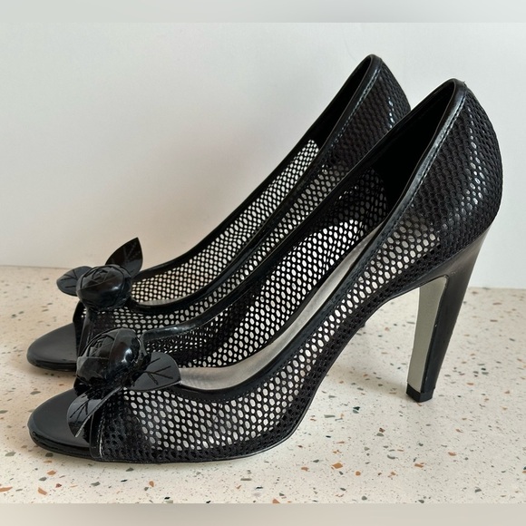 NWOT Jessica Simpson Hasper Black‎ Fishnet High Heels with Flower Peep Toes - Picture 6 of 13